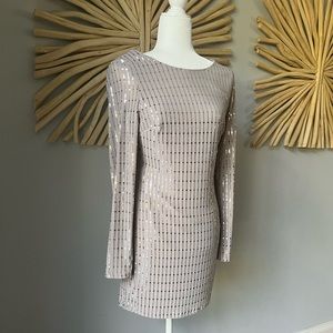 Cocktail/party dress. Scoop back, taupe color, very sparkly Size M